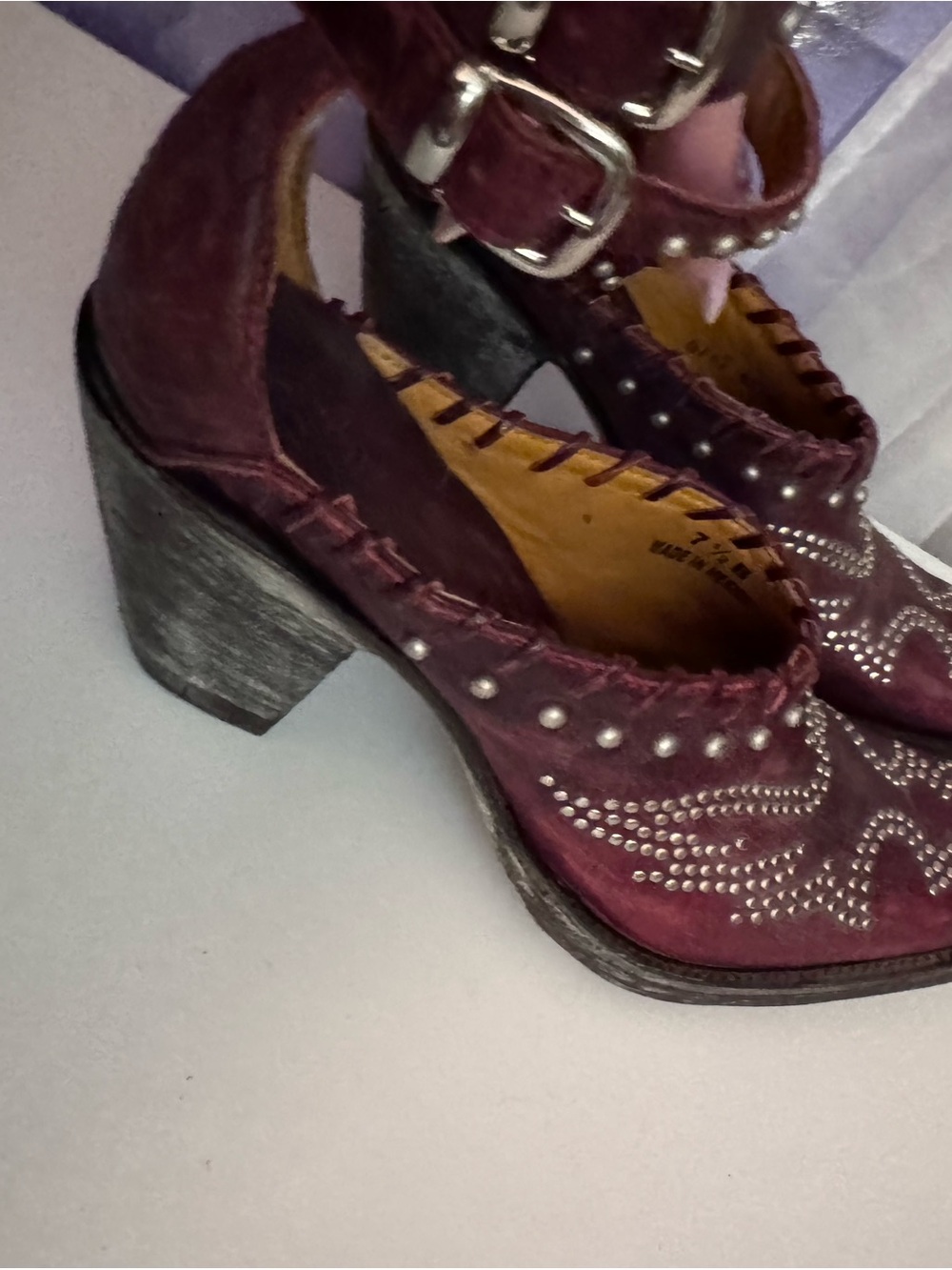 Studded Burgundy Leather Ankle Strap Boots by Old Gringo - Picture 2 of 4